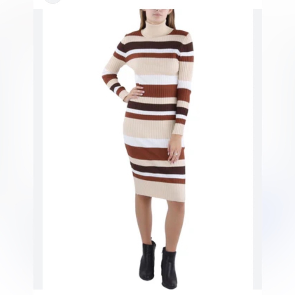 Almost Famous Mock Neck Puffed Sleeve Stripe Jersey Knit Dress-Soft! NWT-Sz L🍂